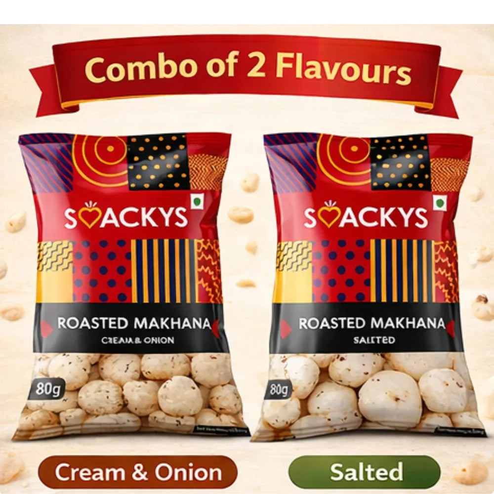 SMACKYS ROASTED MAKHANA 80G (SALTED + CREAM & ONION) + FREE ROASTED MAKHANA CHEESE 25G,COMBO OF 2