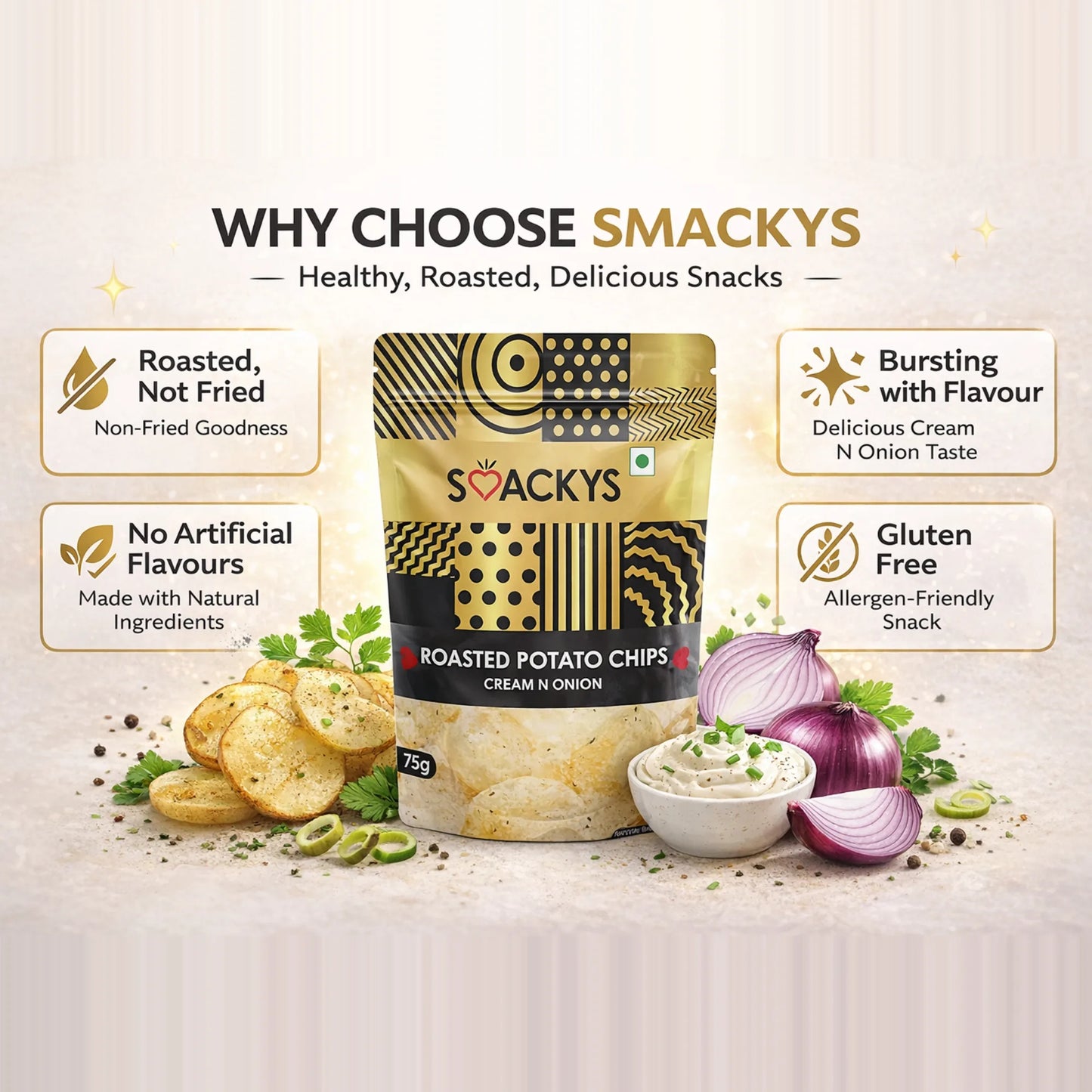 SMACKYS ROASTED POTATO CHIPS CREAM N ONION 75G