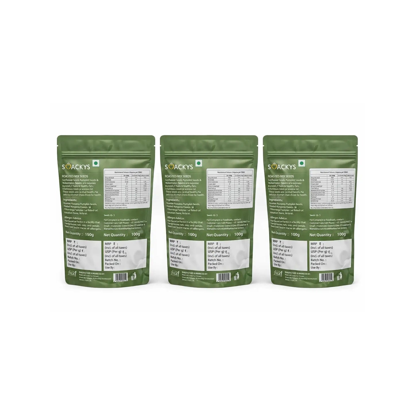 SMACKYS ROASTED (SUNFLOWER SEEDS 150G + PUMPKIN SEEDS 100G + WATERMELON SEEDS 100G),COMBO OF 3