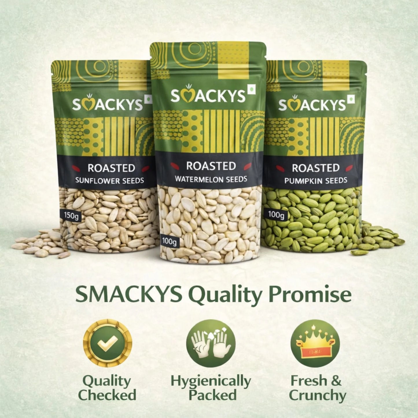 SMACKYS ROASTED (SUNFLOWER SEEDS 150G + PUMPKIN SEEDS 100G + WATERMELON SEEDS 100G),COMBO OF 3