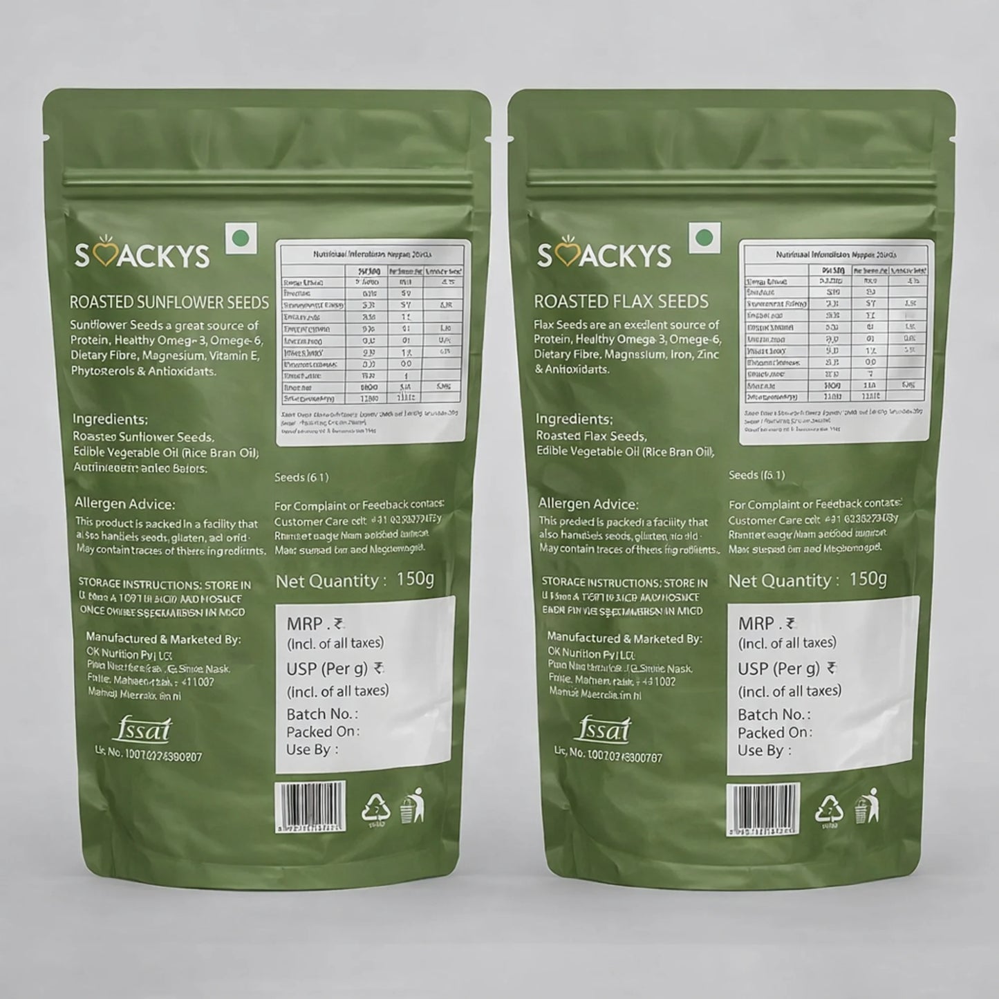 SMACKYS ROASTED FLAX SEEDS 150G + SMACKYS ROASTED SUNFLOWER SEEDS 150G,COMBO OF 2