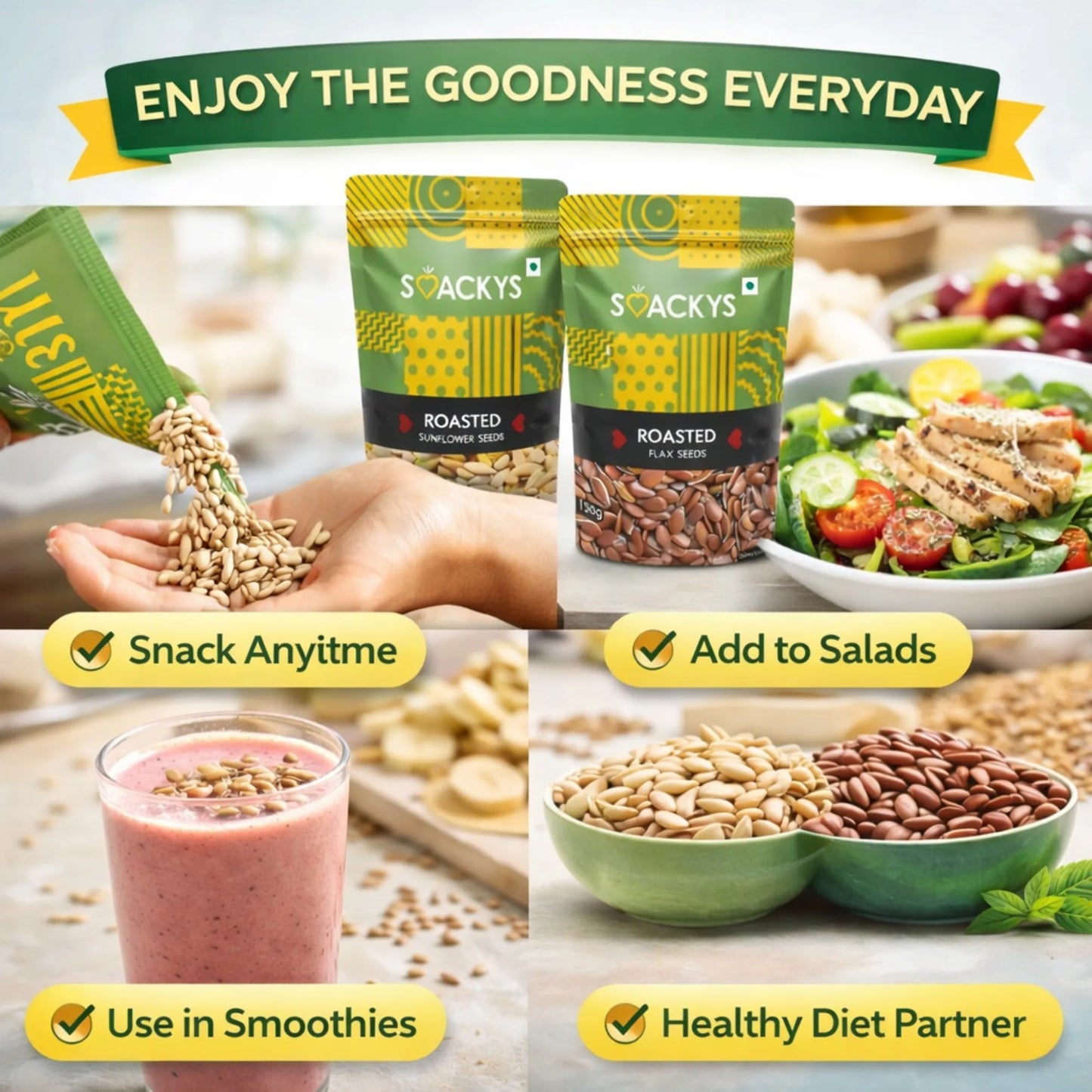 SMACKYS ROASTED FLAX SEEDS 150G + SMACKYS ROASTED SUNFLOWER SEEDS 150G,COMBO OF 2